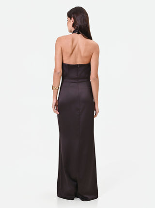 Robe longue couleur chocolat avec drapé