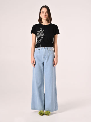 Black Cotton T-shirt with Pearls
