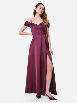 Bordeaux Draped Satin Long Dress