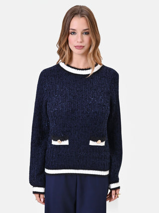 Maglia blu navy effetto tweed con profili a contrasto