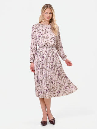 Robe plissée vieux rose à imprimé botanique