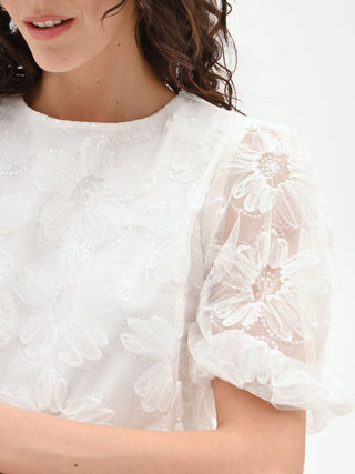 White Organza Blouse with Oversized Floral Appliqués