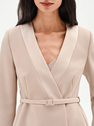 Taupe beige jacket with a belt and satin lapels