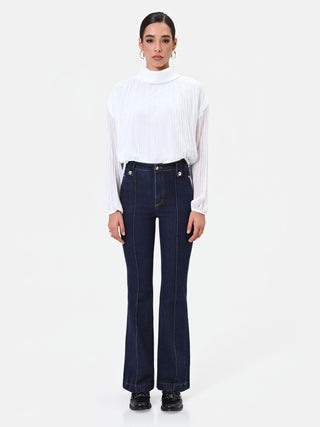 Navy Blue Flared Jeans with Gold Buttons