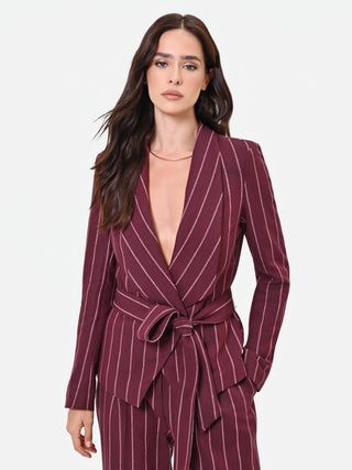 Burgundy Pinstripe Belted Blazer