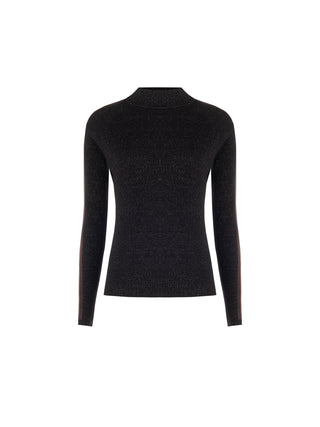 Pull noir côtelé à col montant en viscose mélangée