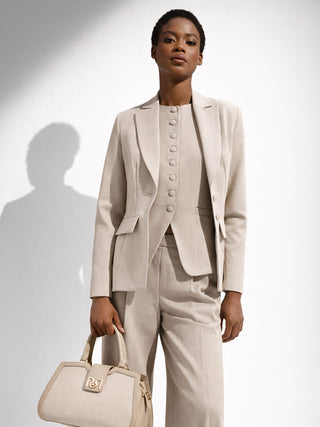 Fitted Beige Pinstripe Blazer with Subtle Sparkle