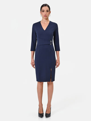 Navy Blue Viscose-Blend Crossover Sheath Dress
