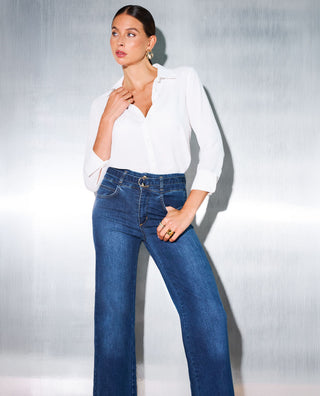 Jeans blu a vita alta con cintura gamba ampia