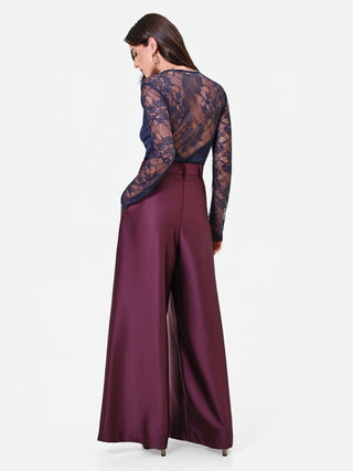 Pantalón palazzo de raso burdeos