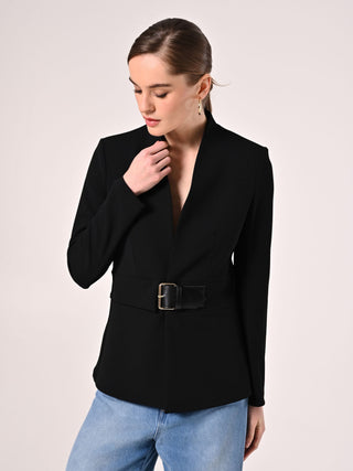 Short Black Jacket in Scuba Crepe with Buckle