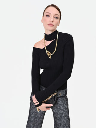 Black Ribbed Cut-Out Knit Top