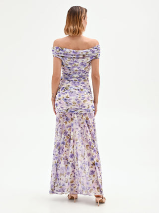 Langes Kleid mit Blumenprint in Violett und Flieder