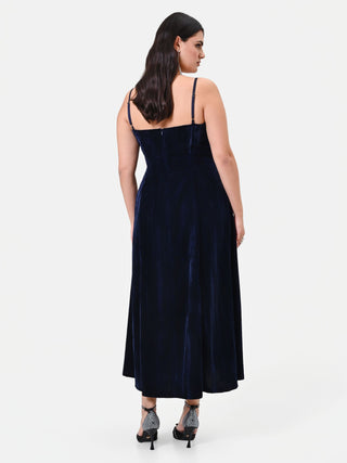 Abito Curvy midi blu navy con lavorazione plissé
