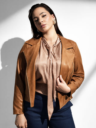 Curvy Camel Faux Suede Biker Jacket