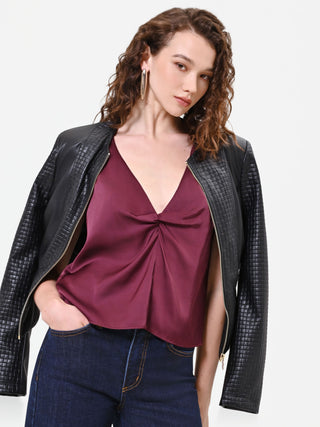 Burgundy Satin Knot-Front Top