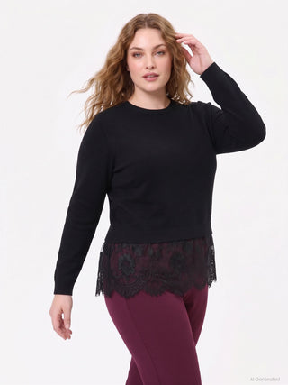 Pull curvy en viscose noire à bordure en dentelle