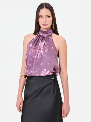 Dusty Rose Floral-Print Band Collar Top