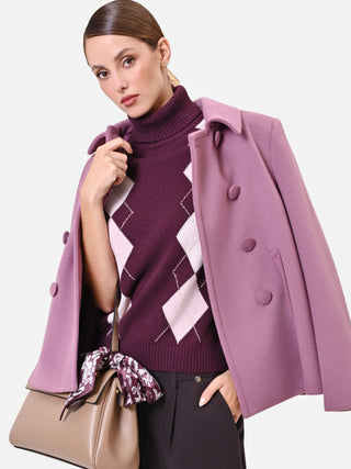 Pull col roulé en viscose bordeaux à motif losanges