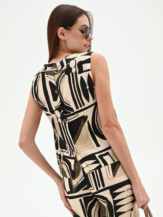 Black Abstract Print Top with Flounced Hem