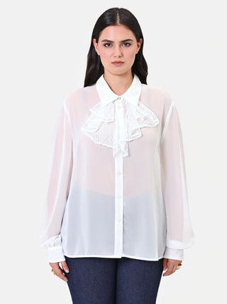 Camicia Curvy panna con dettaglio jabot e pizzo