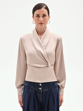 Taupe Beige Satin Wrap Blouse