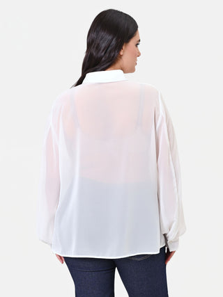 Camicia Curvy panna con dettaglio jabot e pizzo