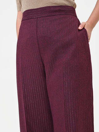 Pantalone Curvy in misto viscosa rosso bordeaux gessato a vita alta