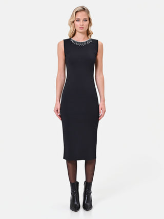 Black Viscose Knit Sheath Dress with Jewel Details
