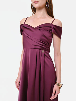 Bordeaux Draped Satin Long Dress