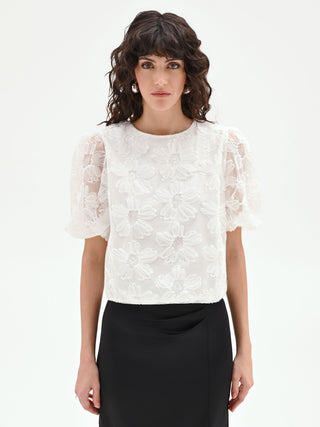 White Organza Blouse with Oversized Floral Appliqués