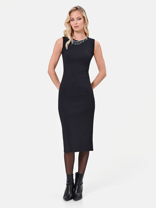 Black Viscose Knit Sheath Dress with Jewel Details