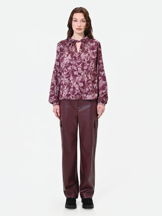 Patterned Burgundy Blouse with Twisted Neckline