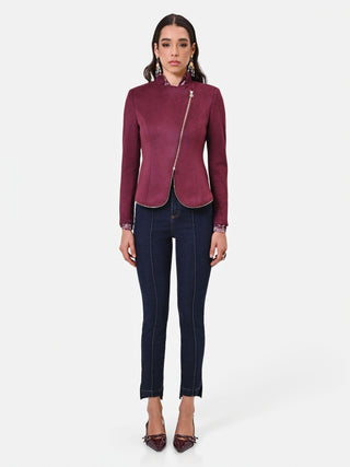 Burgundy Asymmetrical Zip Jacket