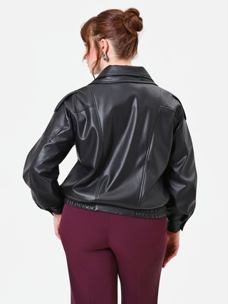 Curvy Black Faux Leather Jacket with Asymmetric Closure