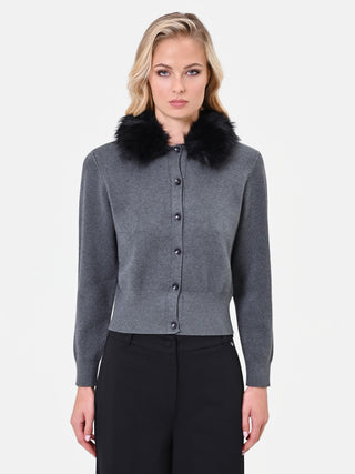 Cardigan in viscosa grigio scuro con collo effetto pelliccia