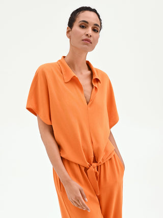 Leinenbluse mit Knoten in Orange
