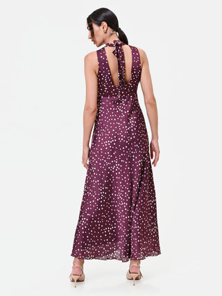 Burgundy Polka Dot Satin Maxi Dress