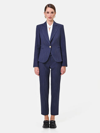 Giacca in misto viscosa blu navy gessata con bottone dorato