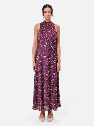 Burgundy Polka Dot Satin Maxi Dress
