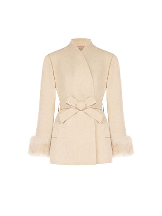Manteau court beige avec poignets effet fourrure en tissu mélangé laine