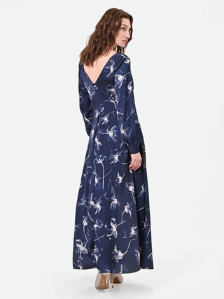 Blue Floral Satin Maxi Dress