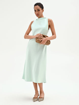 Mint Green High-Neck Satin Midi Dress