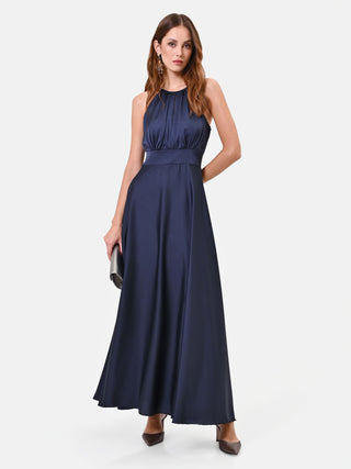 Abito lungo blu navy con scollo all'americana