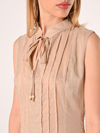 Abito a Balze Beige in Cotone