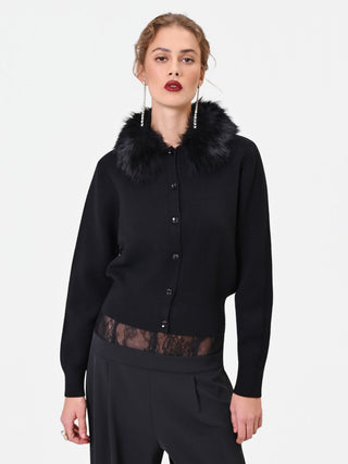 Cardigan in viscosa nero con collo effetto pelliccia
