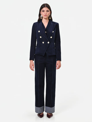 Navy Blue Velvet Double-Breasted Jacket