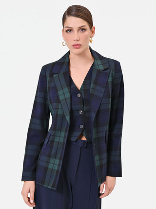 Blue Tartan Viscose-Blend Single-Breasted Jacket