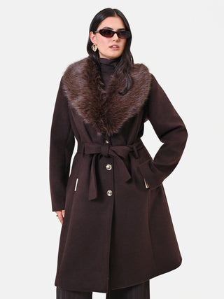 Dark Brown Curvy Coat with Faux Fur Collar