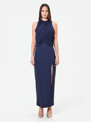 Robe longue bleu marine à encolure drapée